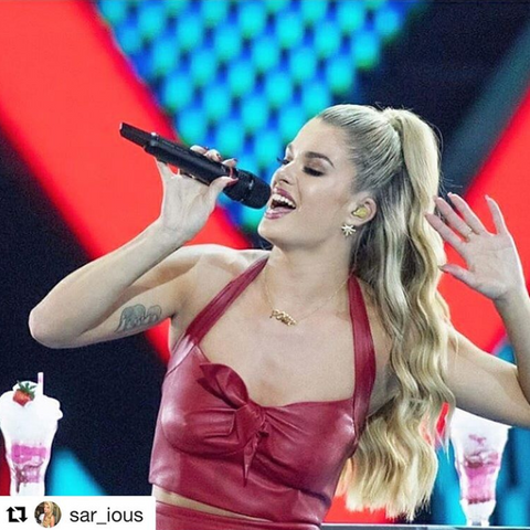 Sarah McTernan looking absolutely incredible representing Ireland performing ‘22’ at Eurovision wearing our gold POW! Letters Necklace