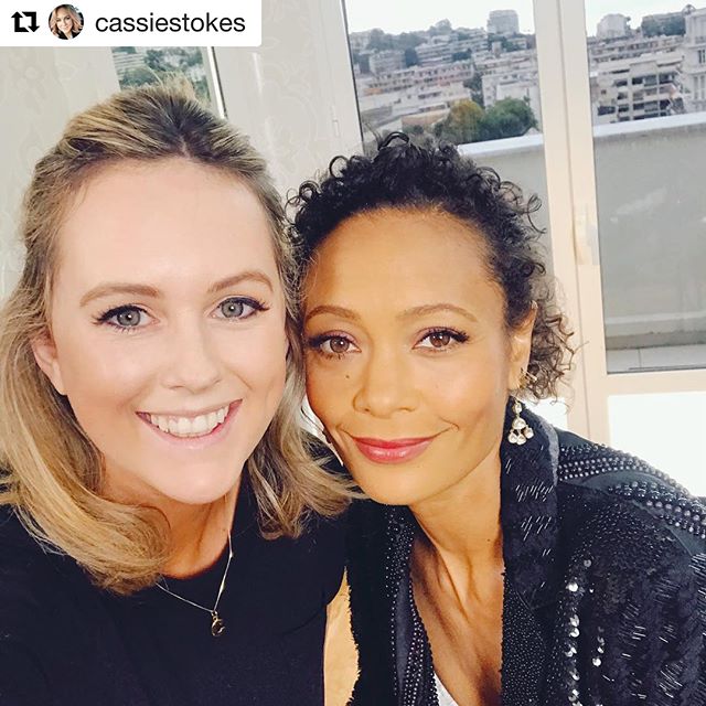 The smiling stunner Cassie Stokes wearing our gold C Letter necklace while recording in Canne for TV3 Xposé with the incredible Thandie Newton from Star Wars.