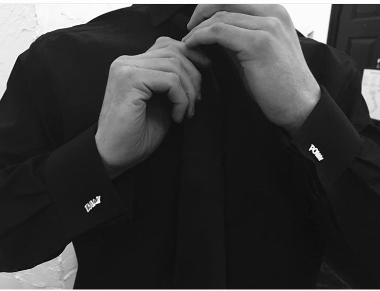 We love this black on black look from a customer with our sterling silver POW! and BAM! Cufflinks. Serious wedding style!