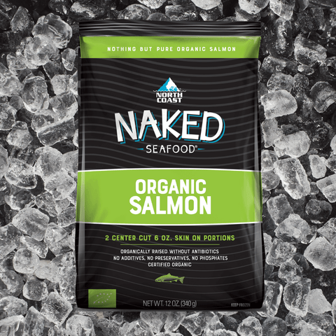 bag of Naked Seafood organic salmon on a bed of ice
