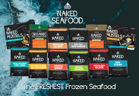 Naked Seafood product line on an ocean background