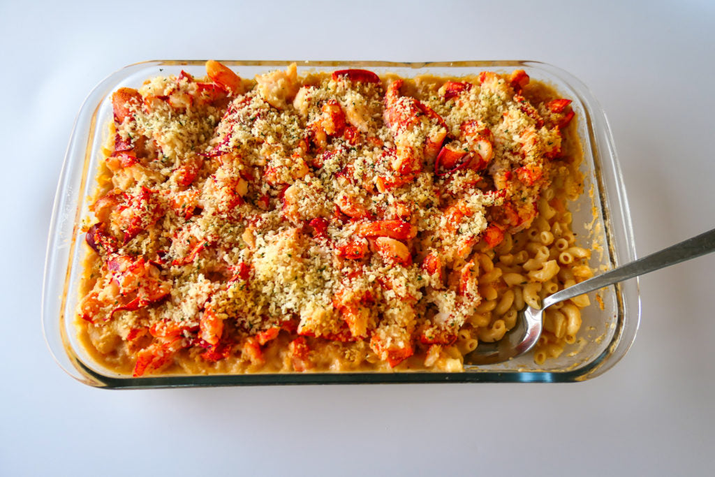 lobster mac and cheese in a baking dish