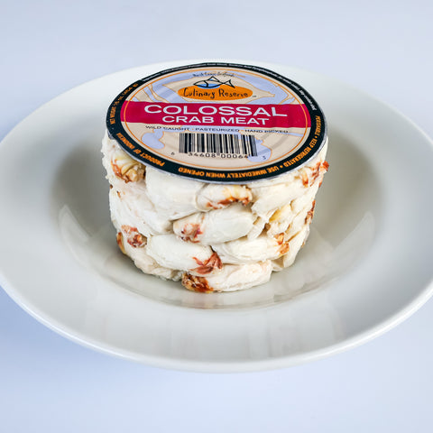 can of Culinary Reserve colossal crab meat in a white bowl