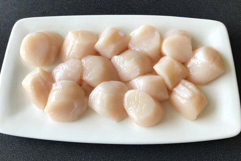 raw fresh sea scallops on a white plate