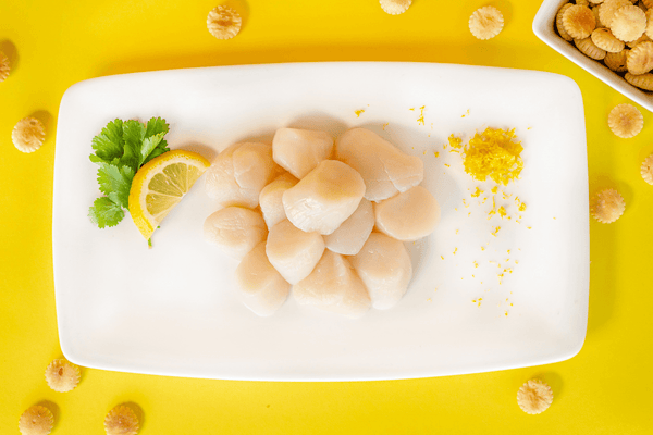 raw sea scallops on a white plate with a slice of lemon and parsley on the side