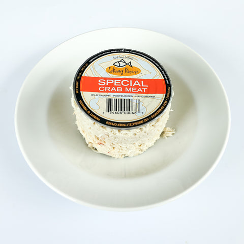 can of culinary reserve special lump crab meat in a white bowl