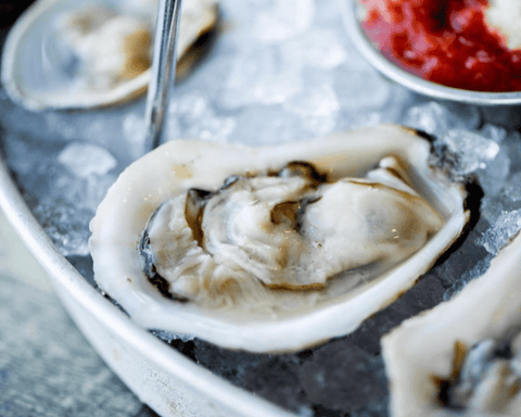 shucked raw oysters on the half shell with cocktail sauce