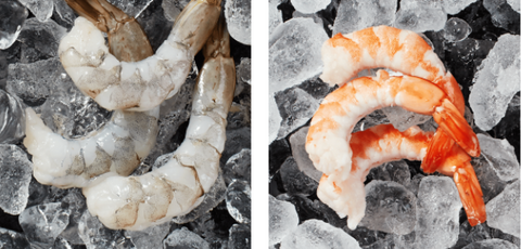 raw and cooked naked shrimp on ice