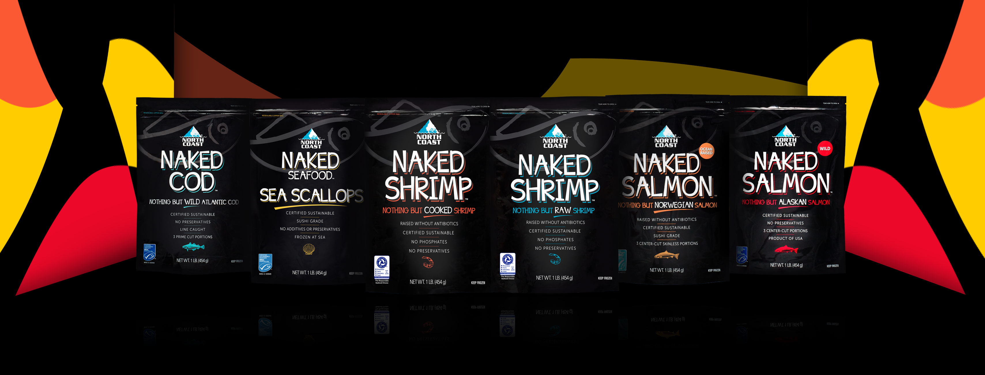 6 Naked Seafood bags lined up in a row