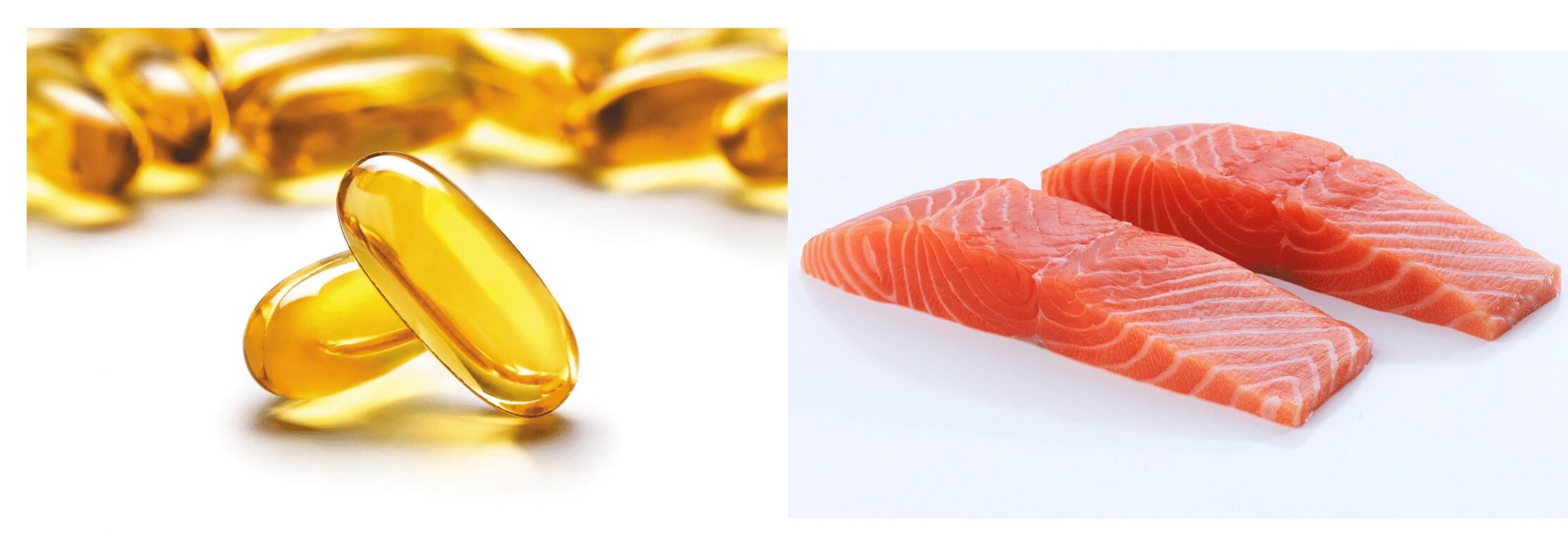 Omega 3 supplement pills next to salmon portions