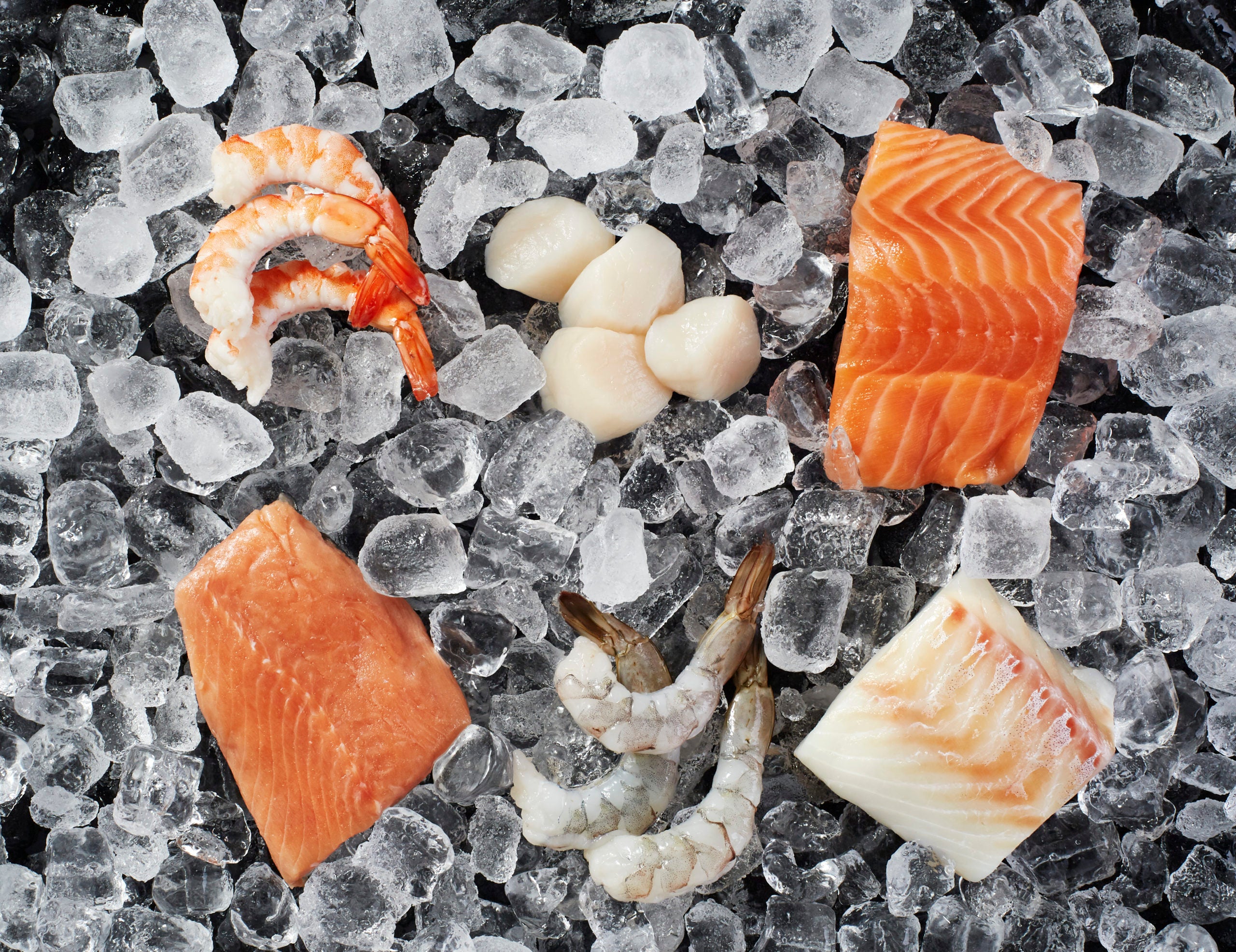 Fresh cooked and raw shrimp, sea scallops, salmon, and cod in two rows on a bed of ice