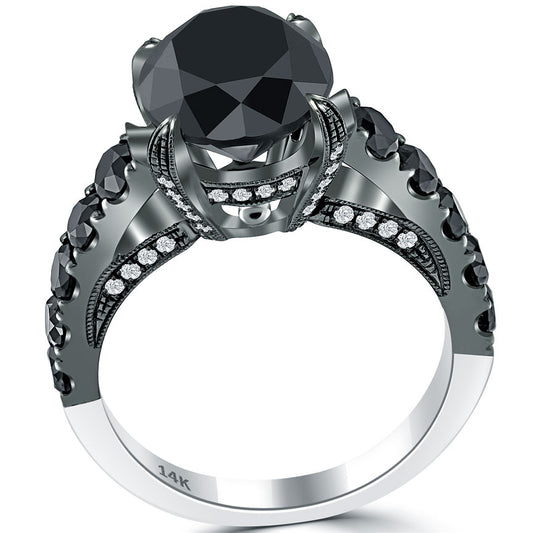 7.55 Carat Princess Cut Natural Black Diamond Engagement Ring 14K White Gold