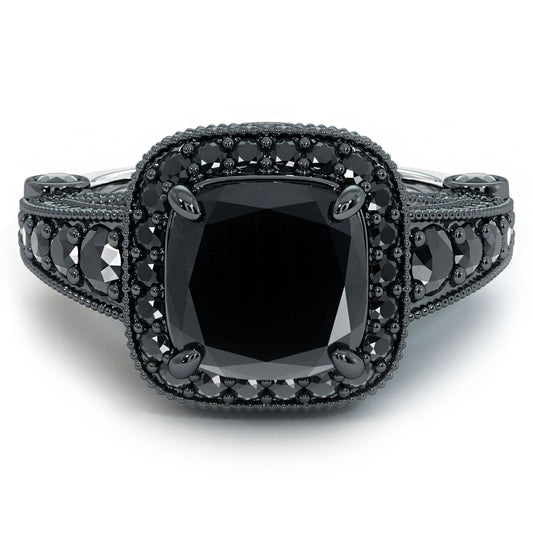 5.5ct Emerald-Cut Rectangular Black Diamond Halo Engagement Ring