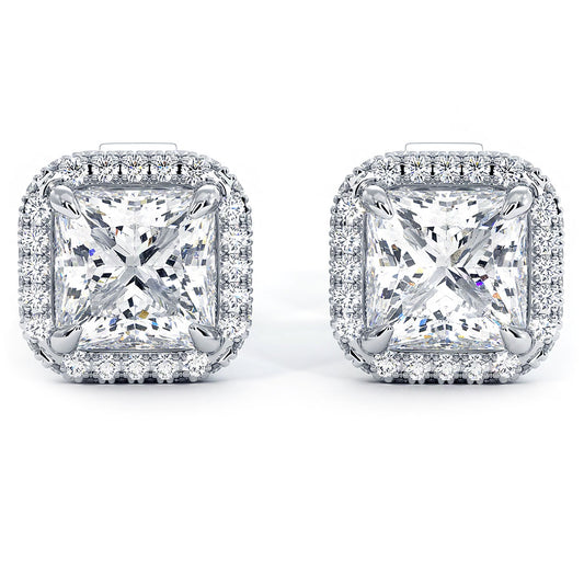 Princess Cut Diamond Stud Earrings 3+ Carat Each With Diamond Halo 18K Gold