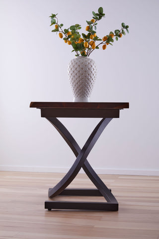 Acacia Wood Table with a modern metal pedestal base 