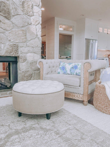 Linen Ottoman, Tufted, Burlap border for living rooms