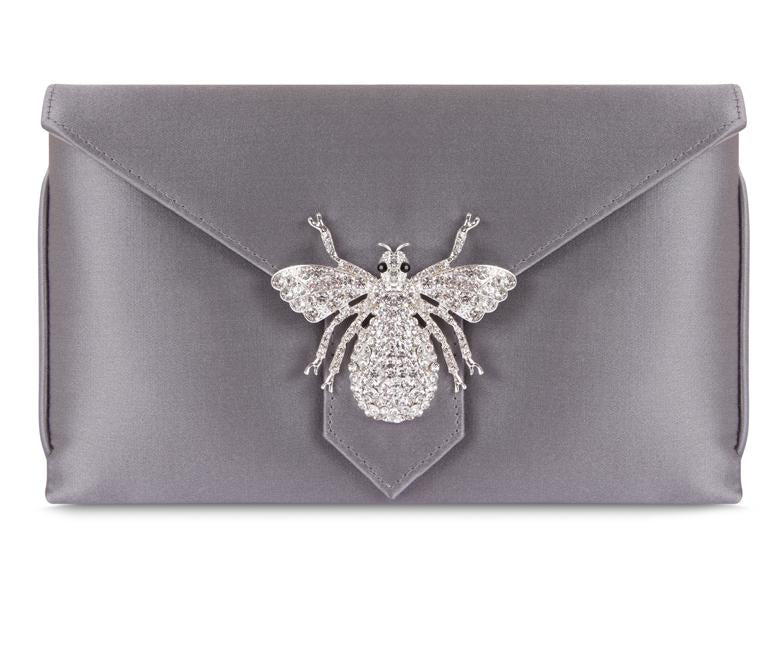 silver clutch bag with wrist strap