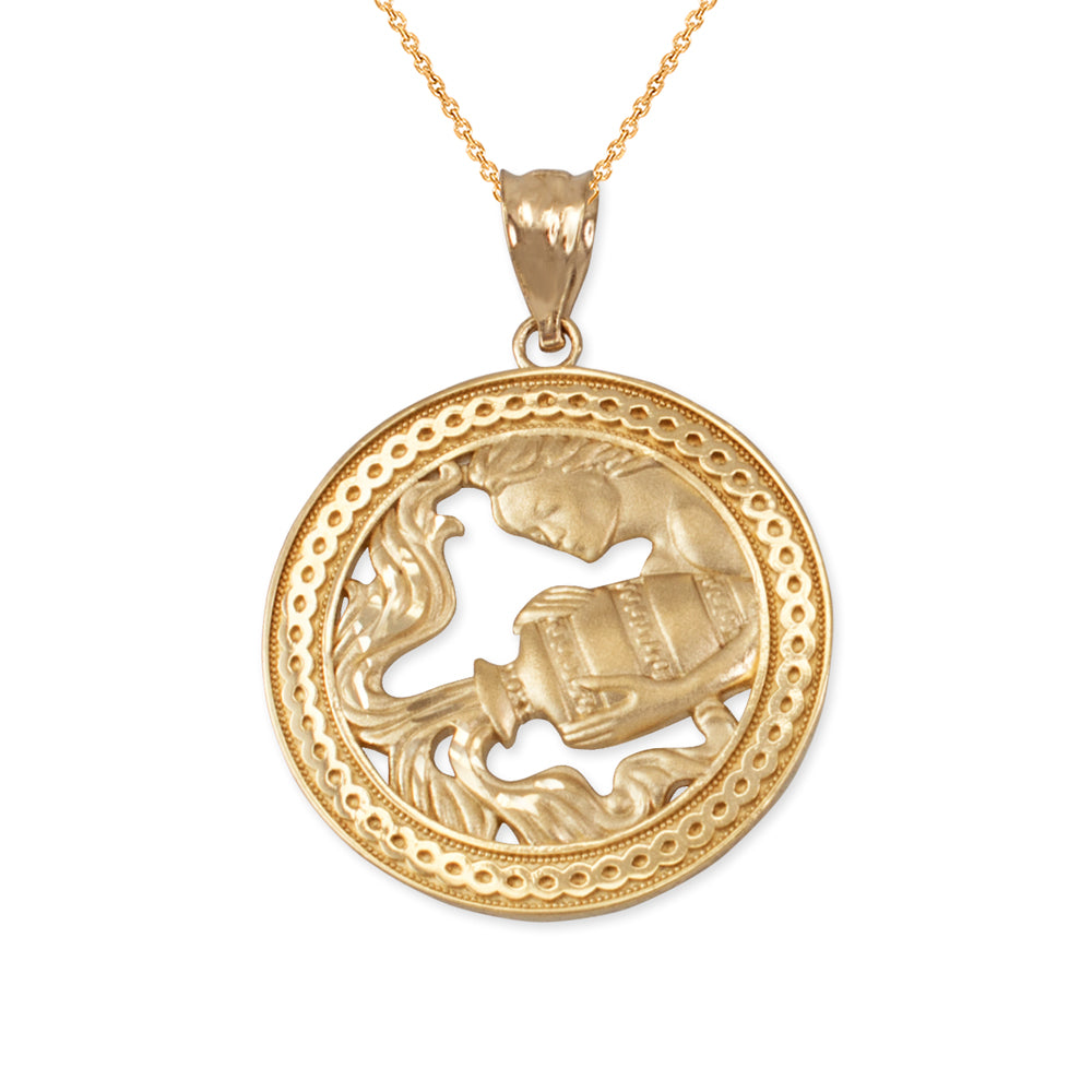 Gold Aquarius Zodiac Sign Medallion Pendant Necklace (yellow, white, rose, 10K, 14K) Karma Blingz