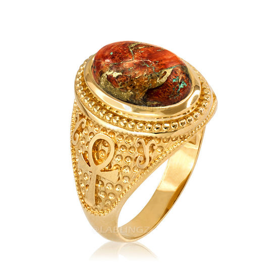Gold Egyptian Ankh Orange Copper Turquoise Ring Karma Blingz
