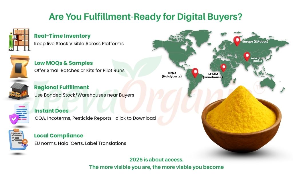 Infographic highlighting fulfillment strategies for digital buyers, featuring key points like real-time inventory, low MOQs, and regional fulfillment.
