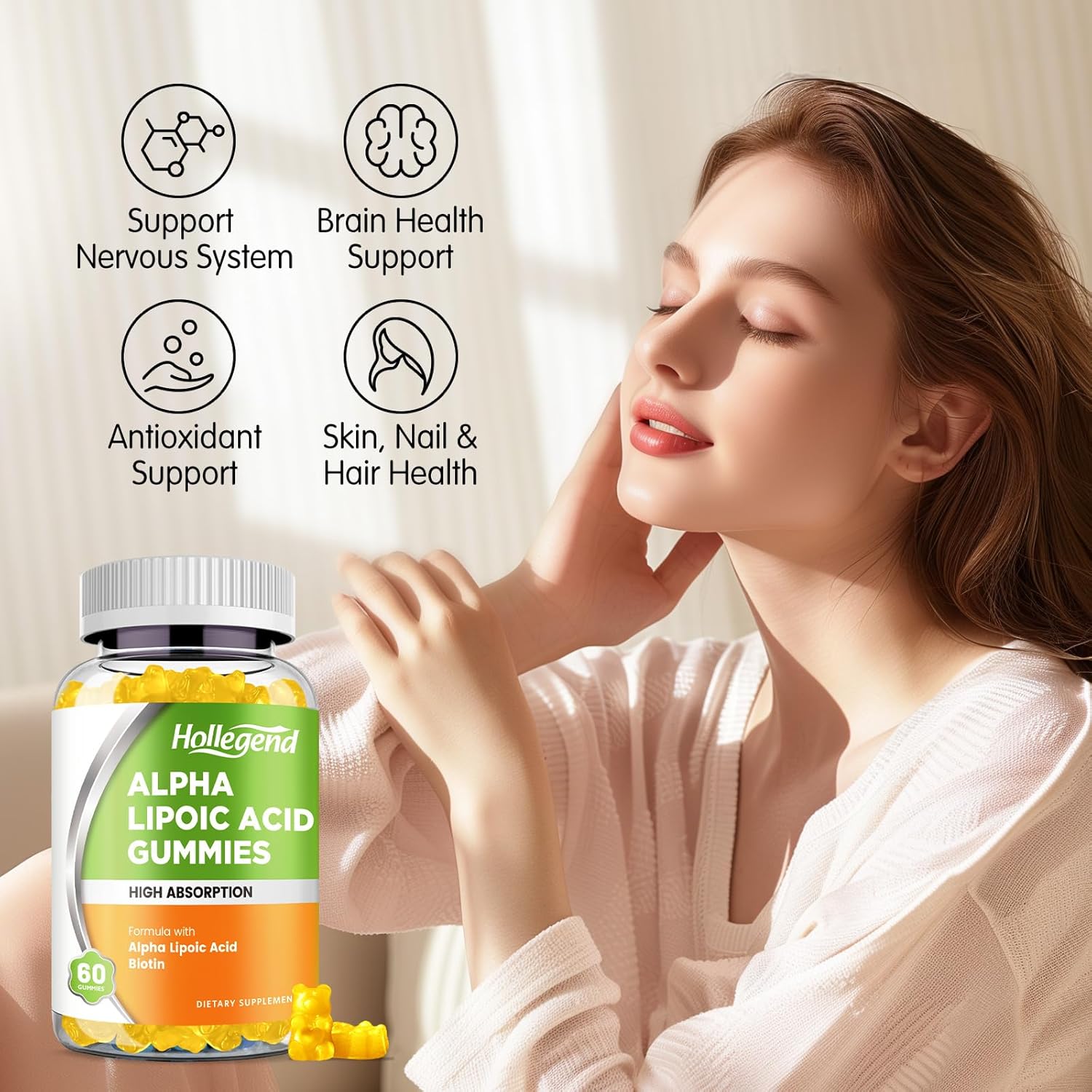 Alpha Lipoic Acid Gummies 1000Mg With Biotin, High Absorption Chewable Ala Supplement For Antioxidant, Brain Health And Nerve Support, Pineapple Flavor, Sugar Free, 60 Chews - Image 3