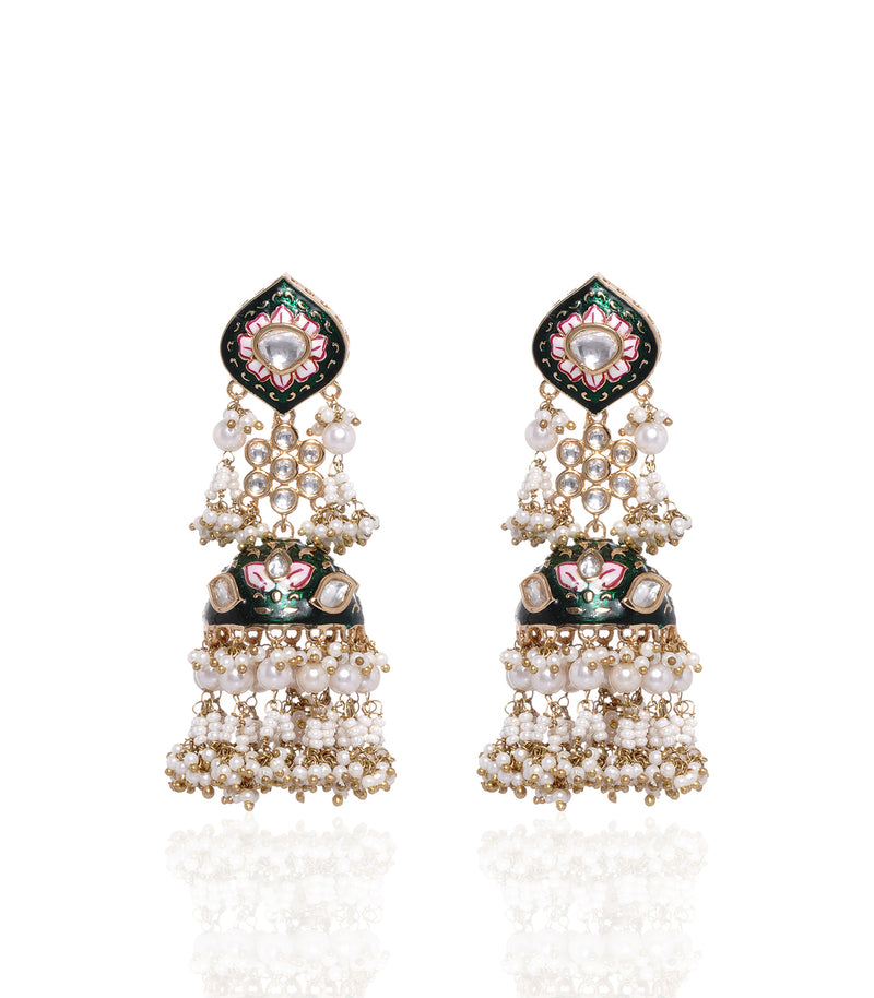 GREEN ENAMEL JHUMKA WITH WHITE PEARLS