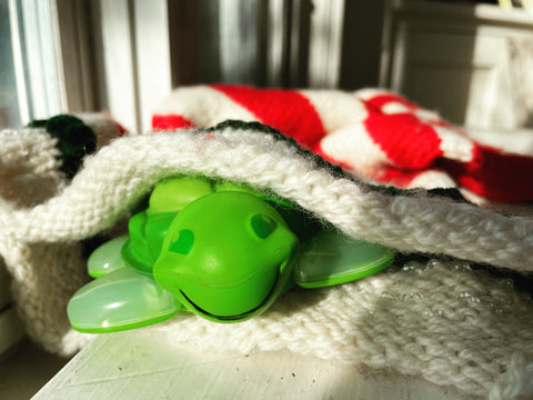 Green smiling turtle timer coming out of Christmas stocking 
