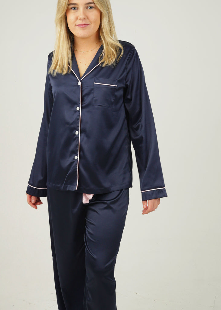 Morning Glory Satin Pajama Top In Royal Blue