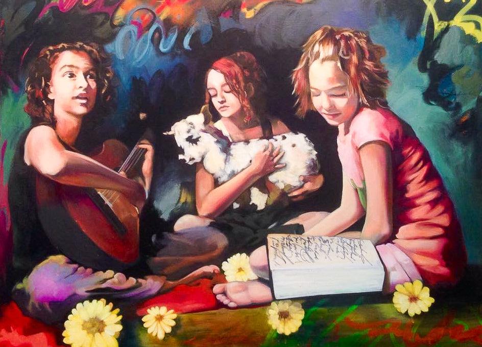 A vibrant oil painting of three sisters; Dafni playing the guitar, Dimitra holding a baby goat, and Dalia reading a book by artist Elli Milan