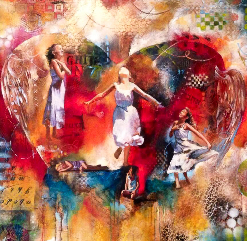 Abstract realism painting of a young girl in a white dress dancing freely with a giant heart surrounding her by artist Elli Milan