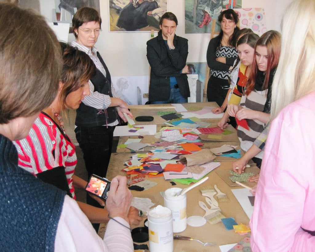 Artist educator, Elli Milan teaches a Mixed Media art class in Uzghorod, Ukraine