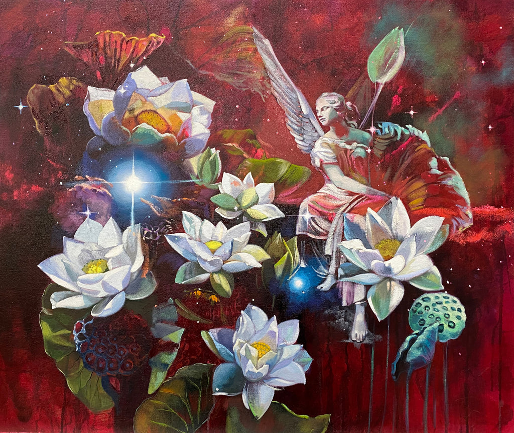 mixed media oil painting of angle, lotus flowers and cosmos