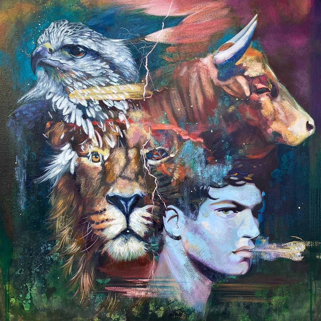 Oil painting by Elli Milan of eagle, lion, bull and man