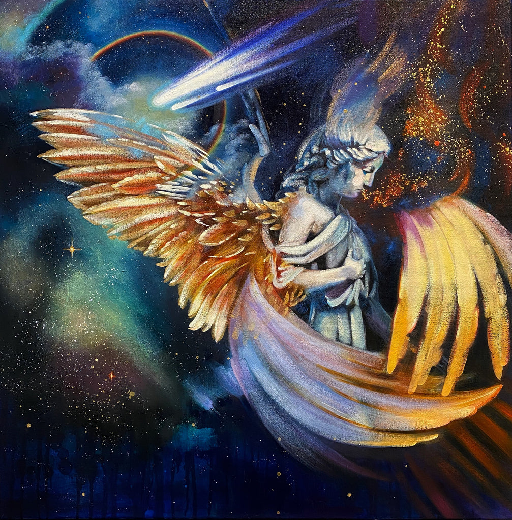 mixed media painting of angel with wings set to cosmic backdrop