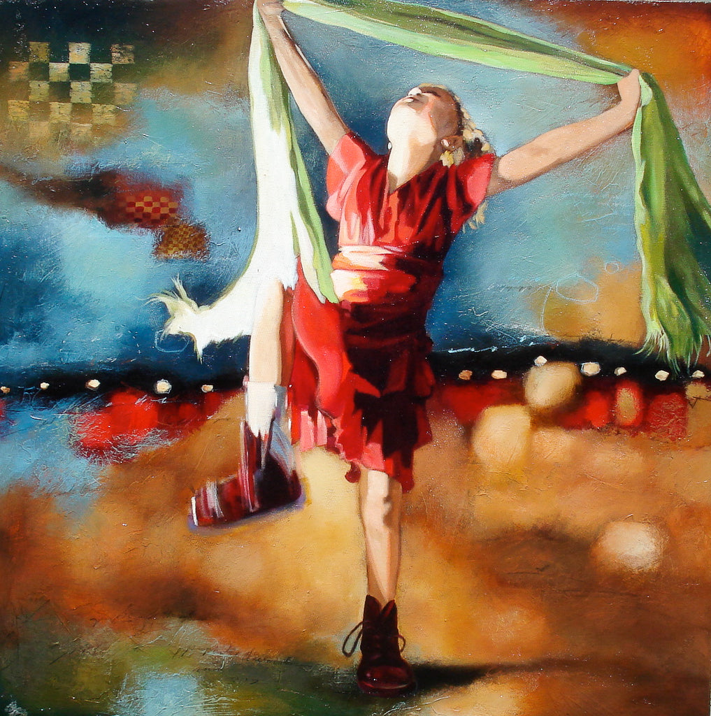 Oil painting of a young girl in a red dress fiercely dancing with a scarf above her head; stomping out the injustice; dance of destiny; by artist Elli Milan