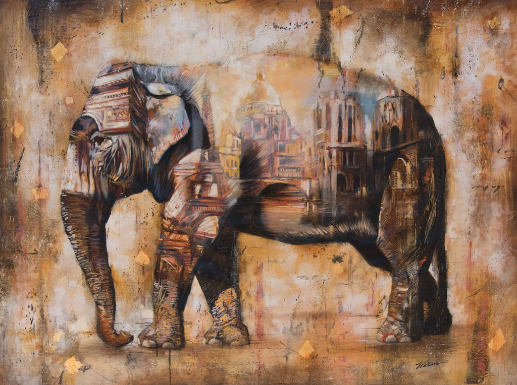 Mixed Media Abstract Oil Painting of an elephant and cityscape by artist Elli Milan.