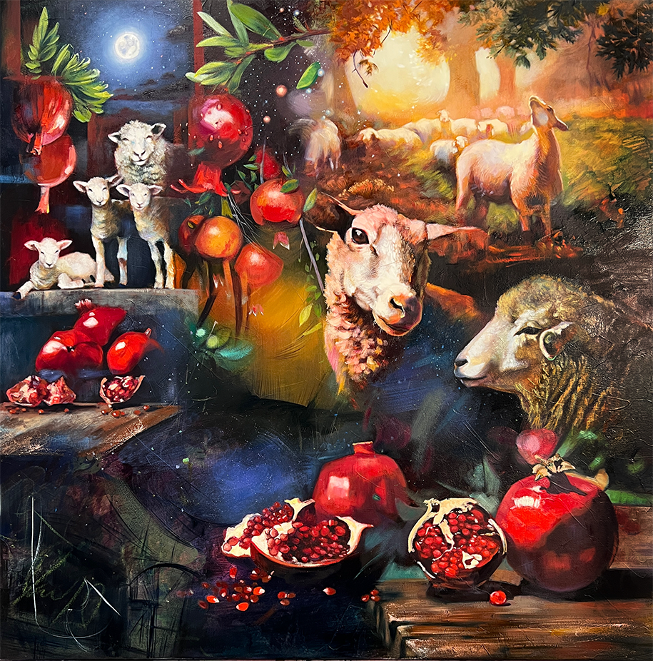 Oil painting of sheep and pomegranates inspired by "Song of Songs"