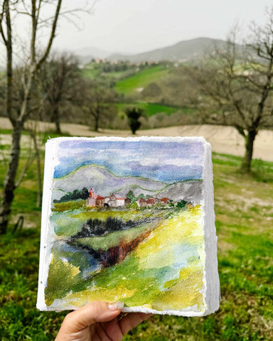 Artist World Changer Elli Milan's watercolor sketch of tuscan landscape