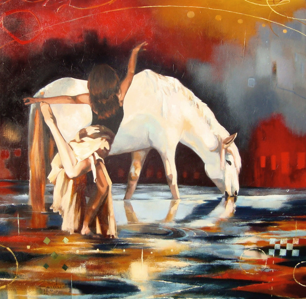 Waiting - Oil Painting of white horse drinking water with woman dancing