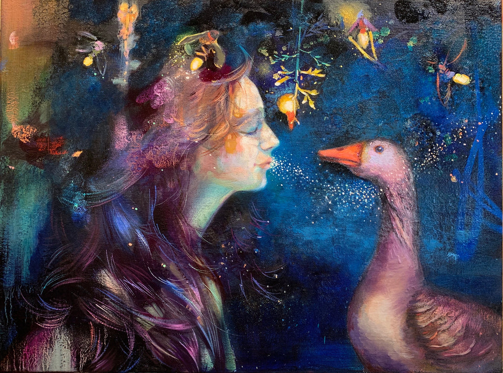 Oil painting of girl facing a goose
