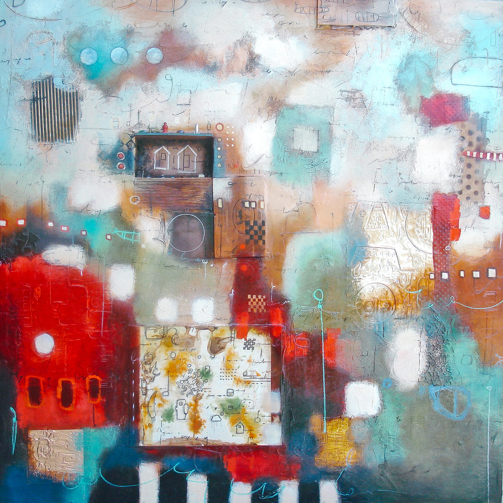 Mixed Media Abstract Painting with teal and red hues, by Artist Couple Elli and John Milan