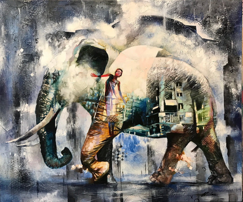 Mixed Media Abstract Oil Painting of an elephant and woman by artist Elli Milan.