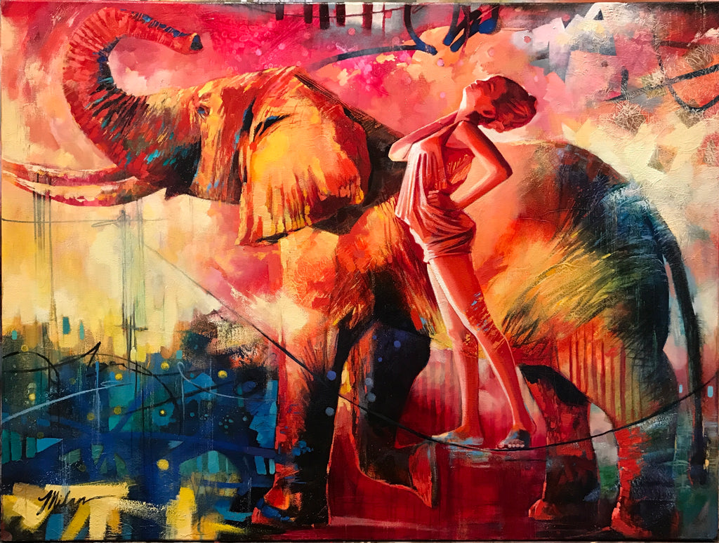 Mixed Media Abstract Oil Painting of an elephant and woman on a tightrope by artist Elli Milan.