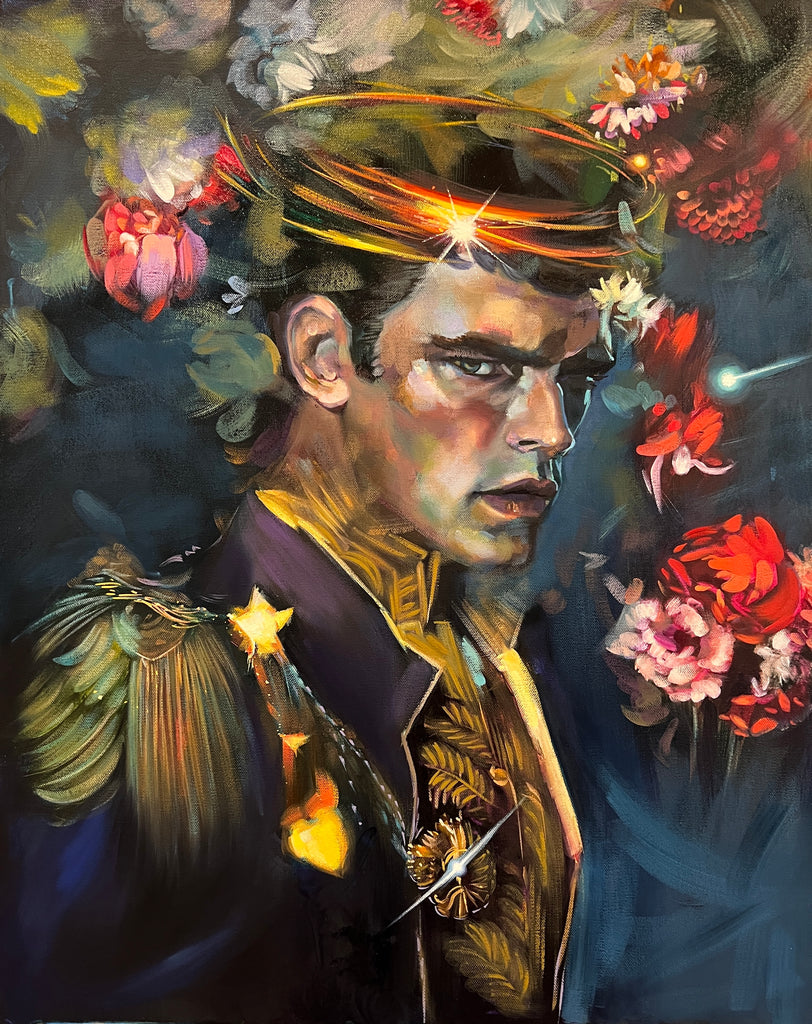"Warrior King" - Original Oil Painting by artist Elli Milan. Portrait painting of a man dressed in fine attired, a crown of light around his head and abstract flowers in the background