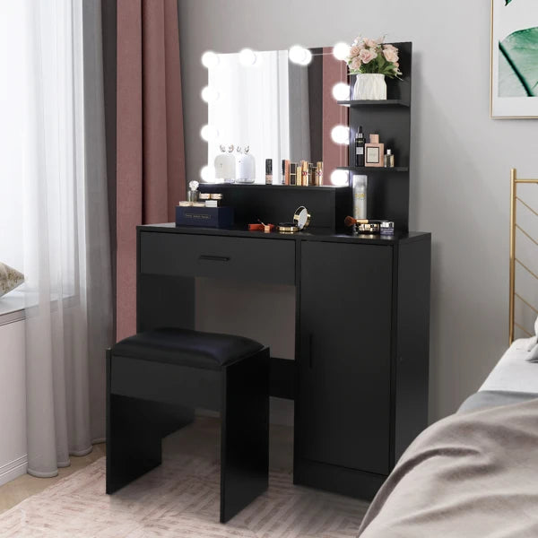 Dressing Table set Vanity table with 10 LED Bulbs, Makeup Table with  Stool, 3 Storage Shelves 1 Drawer 1 Cabinet, White