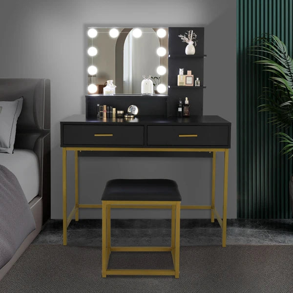 Large Vanity Set with 10 LED Bulbs, Makeup Table with Stool, 3 Storage Shelves 2 Drawers, Dressing Table Dresser Desk Black
