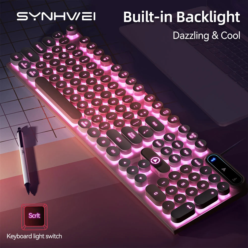 Retro Punk Round Keycap Gaming Keyboard Wired RGB Backlit Keyboard USB Backlight 104 Keys Ergonomic Gamer Keyboard for PC Laptop