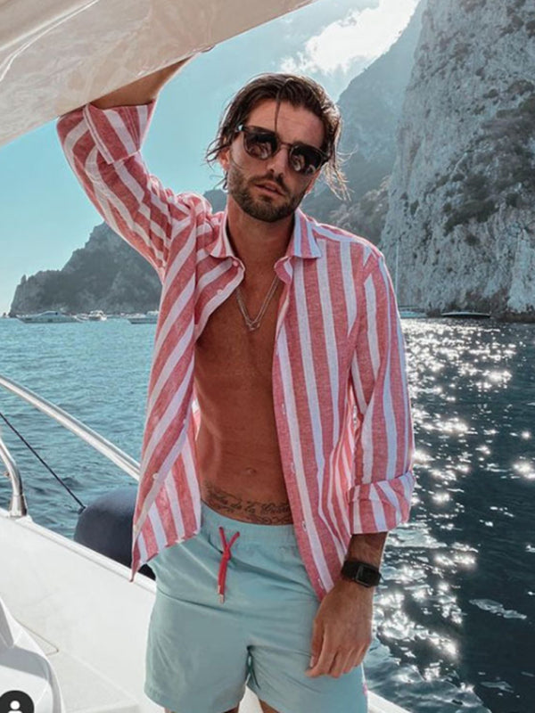 New European and American men's casual comfortable lapel striped beach print long-sleeved shirt