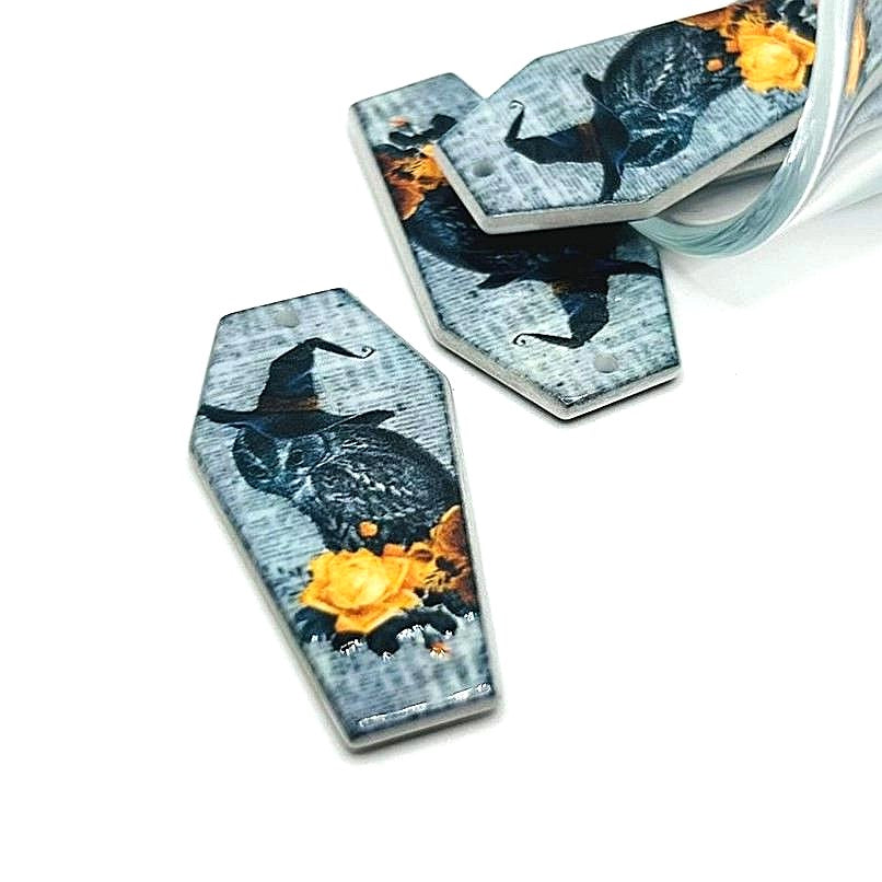 Fall/Autumn Coffin Owl in Witch Hat Charms, 41x21mm