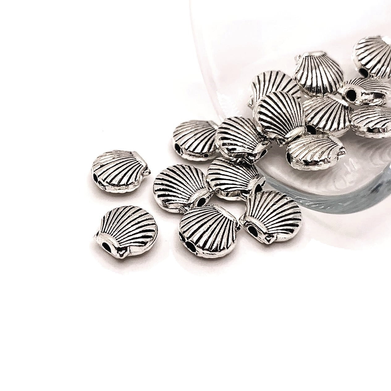 Silver Clam Shell Spacer 3D Charm Beads, 9x8mm